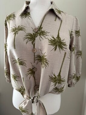 New York Clothing Co. Palm Tree Tie Waist Linen-look Top 1X